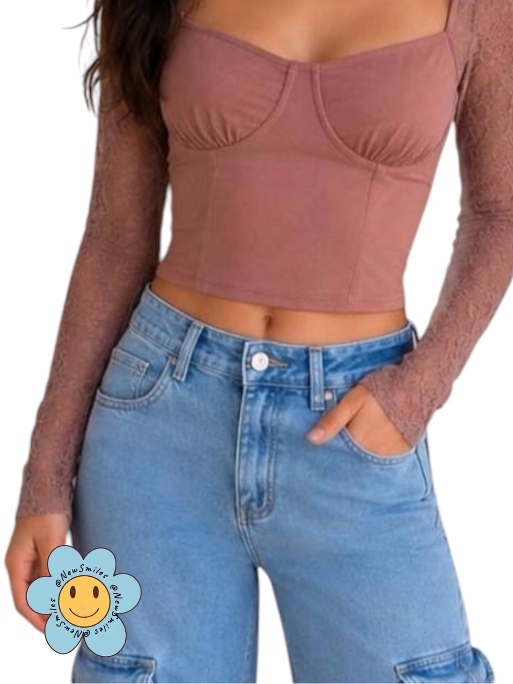 wild fable ~ Dusty Rose ~ Crop Top ~ Long Lace-Sleeves ~ Smocked Back ~ GUC